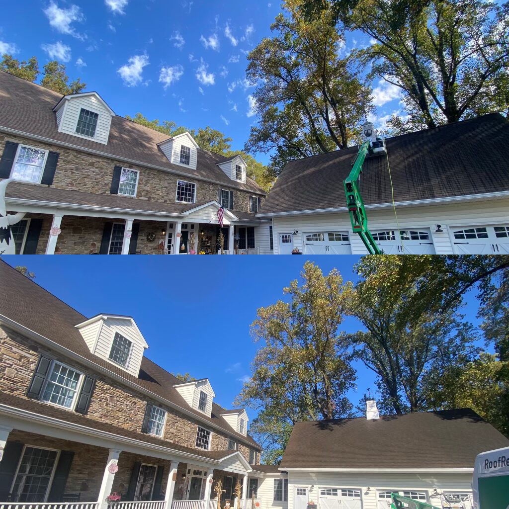 Large home roof rejuvenation and pressure-washing crew working on suburban house